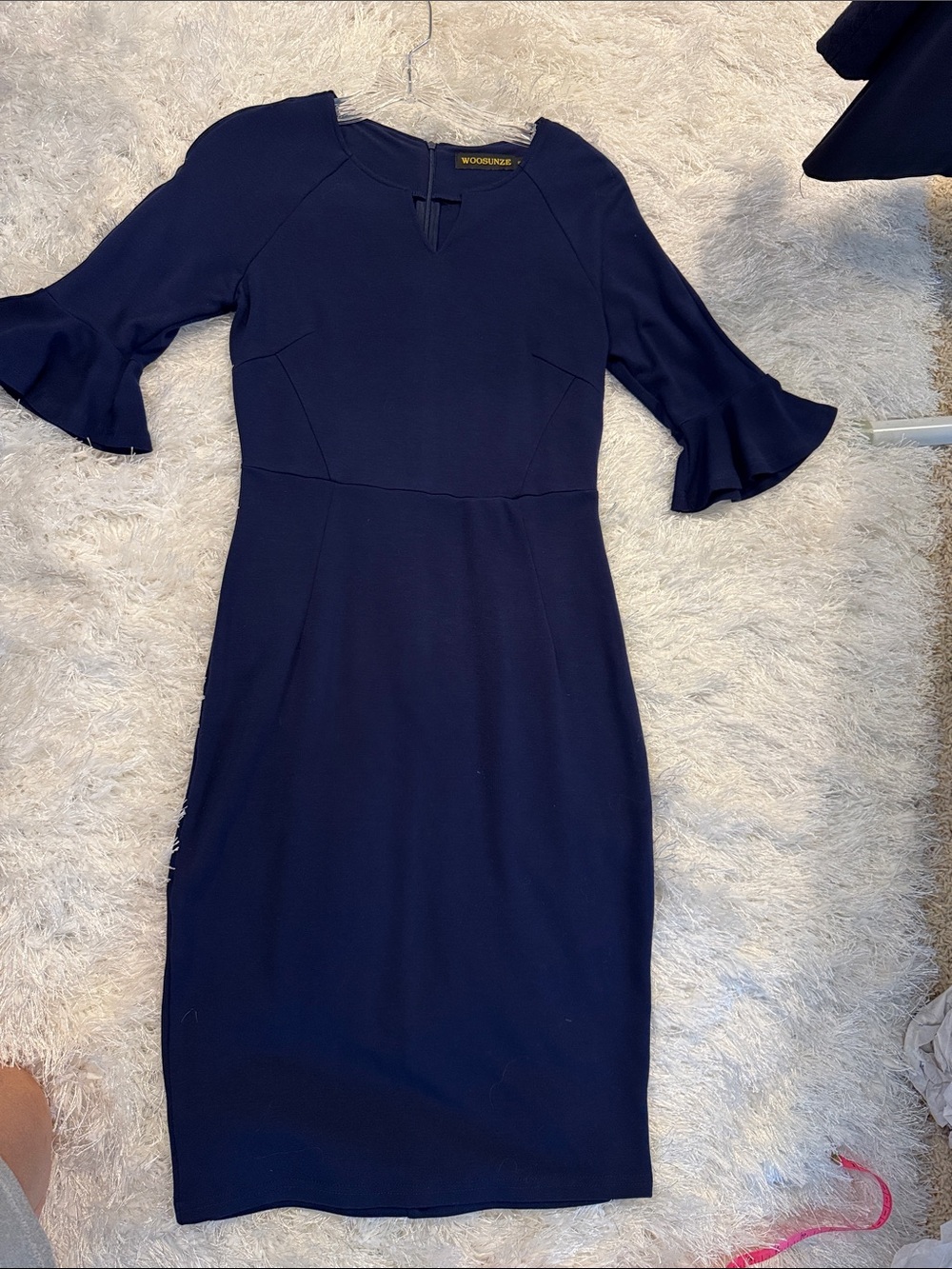 Navy Midi Dress with Ruffle Elbow Sleeves